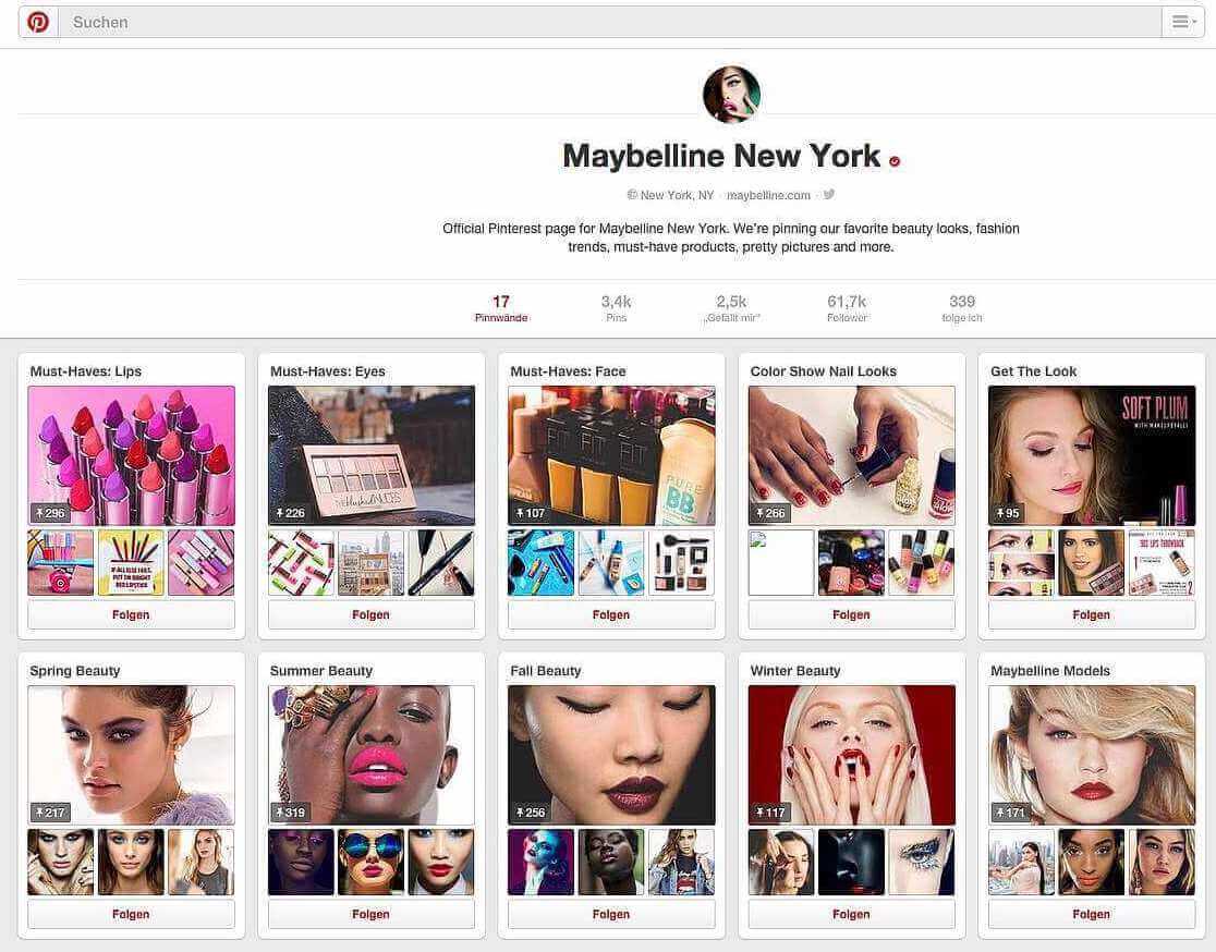 Pinterest-Profil von Maybelline
