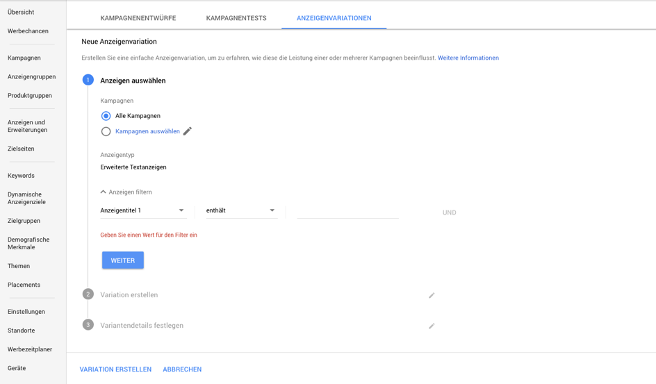 Anzeigenvariationen in Google AdWords