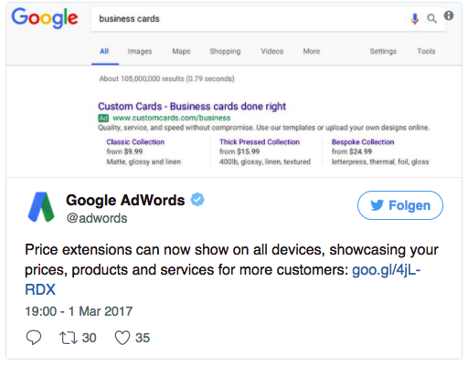 Preiserweiterungen in Google AdWords