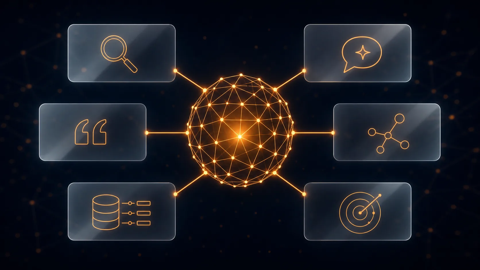 Abstrakte Netzwerk-Visualisierung mit einem leuchtend orangen Datenkern in der Mitte, dessen glühende Verbindungslinien zu transparenten Karten mit Icons für Lupe, KI-Sprechblase mit Funken, Anführungszeichen, vernetzte Entity-Knoten, Datenbank-Schema und Radar-Monitoring führen, als Sinnbild für Generative Engine Optimization