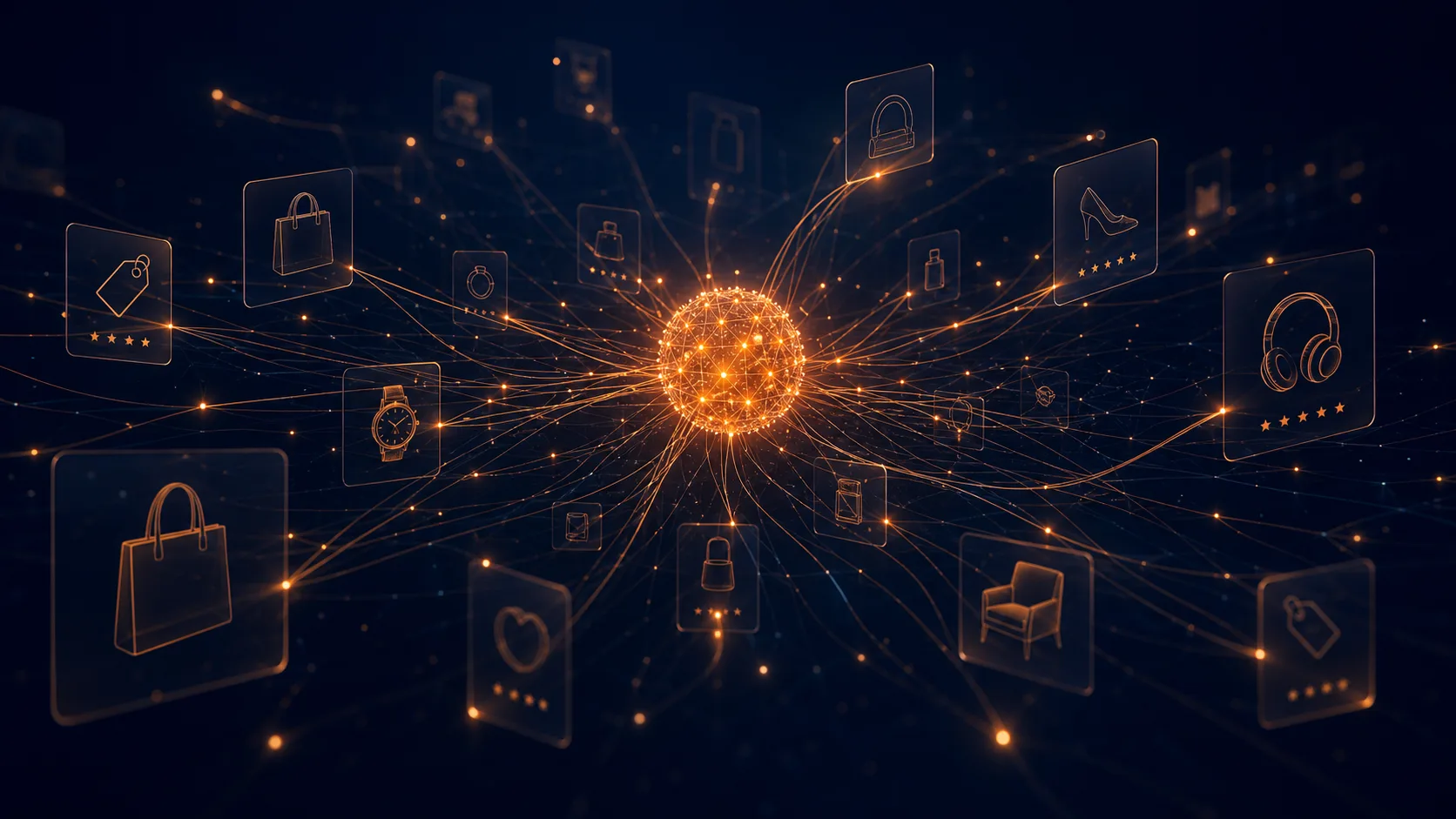 Abstrakte Netzwerk-Visualisierung mit einem leuchtend orangen KI-Agenten-Kern in der Mitte, dessen glühende Verbindungslinien zu transparenten Produktkarten mit Icons für Tasche, Uhr, Schuh und Kopfhörer führen, als Sinnbild für einen KI-Shopping-Agenten, der Produkte in einem Katalog entdeckt und vergleicht