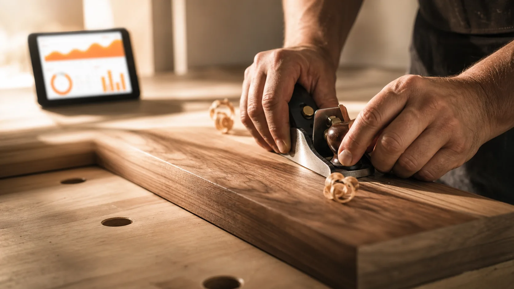 Handwerkerhände bearbeiten präzise ein Holzwerkstück mit einem Hobel in einer hellen Werkstatt, im Hintergrund ein Tablet mit orangem Marketing-Dashboard als Sinnbild für digitales Marketing im Handwerk
