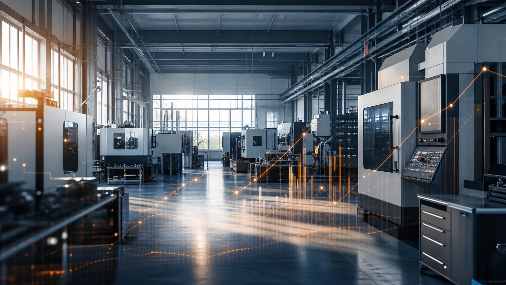 Moderne Fertigungshalle mit Präzisionsmaschinen, überlagert von einer aufsteigenden orangen Performance-Kennzahlen-Kurve als Sinnbild für Performance-Marketing-ROI in der Industrie
