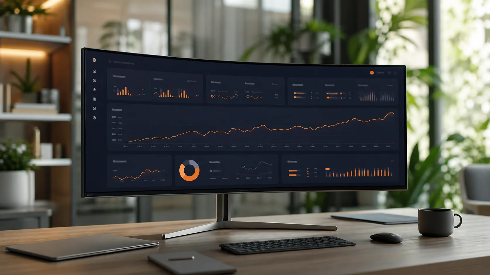 Curved Monitor mit dunklem SaaS-Analytics-Dashboard und orangen Wachstumskurven auf einem modernen Schreibtisch als Sinnbild für Performance-Marketing-Kennzahlen im Software-Business